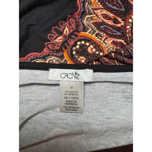 Cache Womens Top Blouse Size M Black Brown Blue Gold stones Chains Fairy Boho - Picture 4 of 8